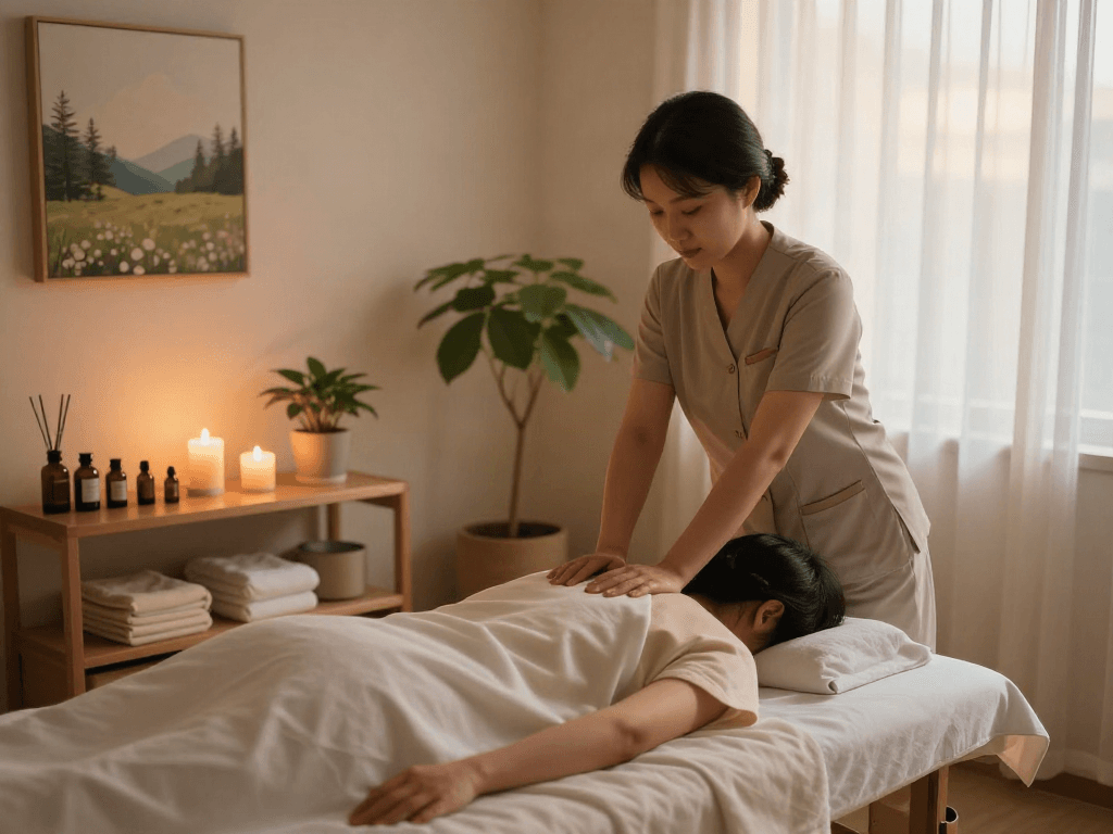 Relaxing wellness scene featuring 연수구출장마사지, therapist performing massage in tranquil studio.