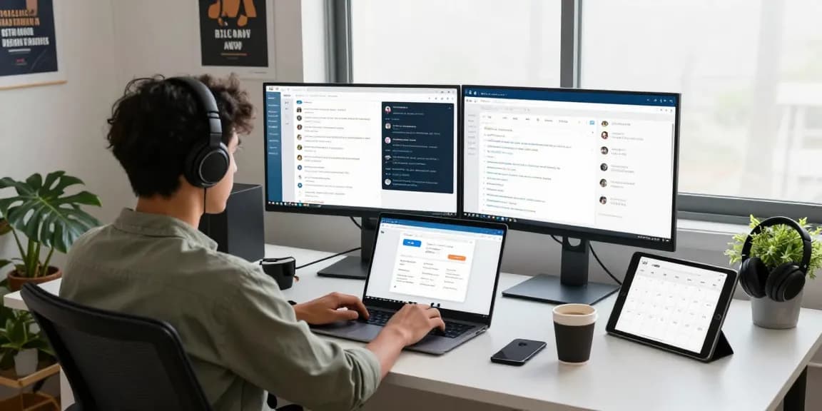 Using the Telegram web version on a sleek laptop in a modern office setup with ambient light.