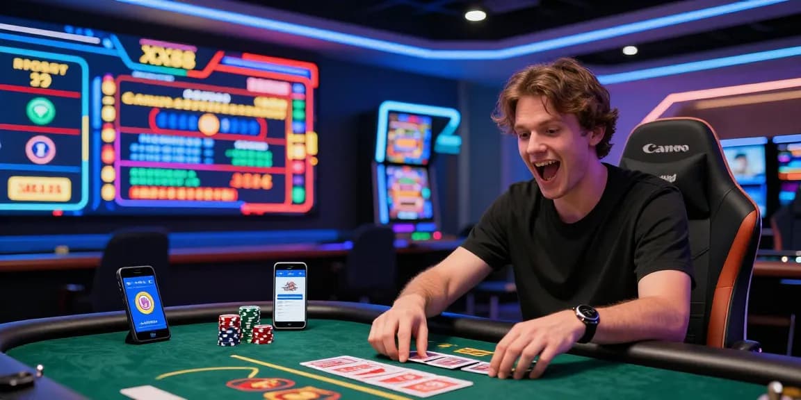 Player enjoying live casino games with XX88 app interface in vibrant gaming room.