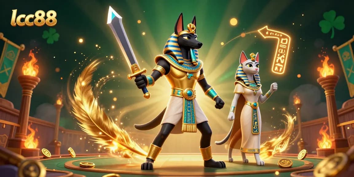 Experience thrilling gameplay with lclc88, featuring Anubis and Bastet amidst vibrant casino elements.
