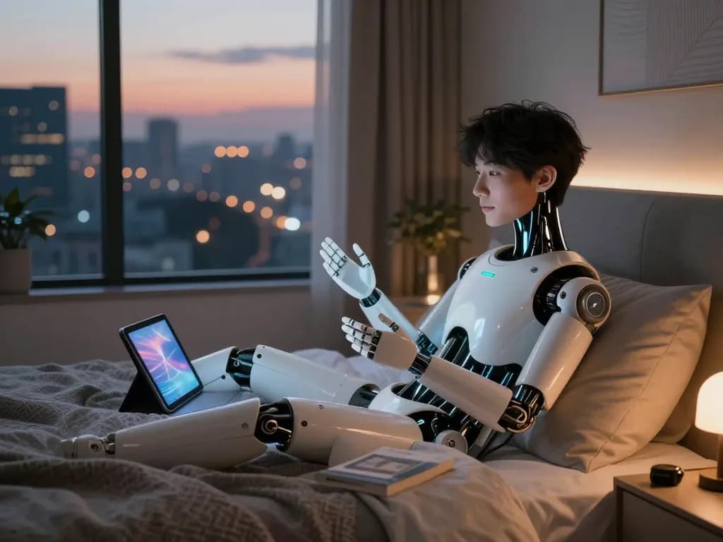 Engaging conversation with a lifelike sex bot in a cozy bedroom setting, showcasing modern companionship.