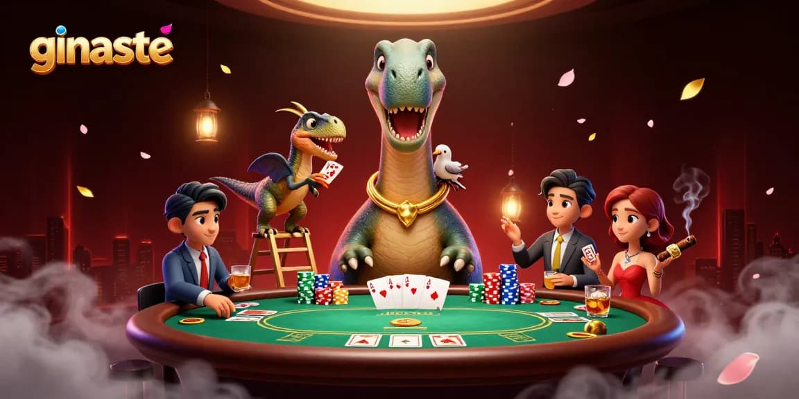 Experience thrilling gameplay at ginaste with a giant dinosaur dealer and colorful poker elements.