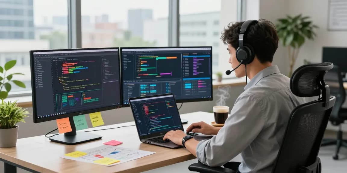 Professional developer in a modern workspace coding on WPS Official Website tools, showcasing vibrant digital collaboration.