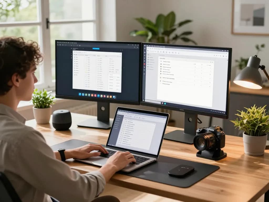 Home office setup with tech gadgets for productivity including dual monitors and smart accessories.
