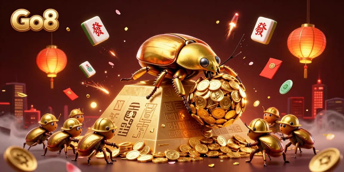 Go8 showcases engaging 3D illustration of a golden dung beetle with casino themes and festive elements.