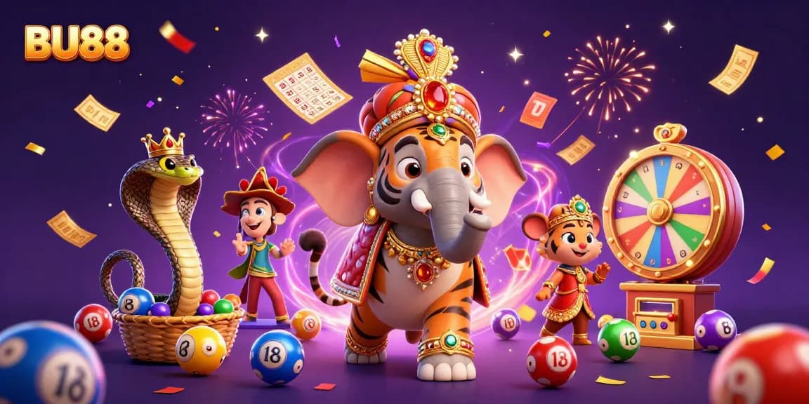 Experience the thrill of BU88 as lively lottery elements dance around characters in a dynamic casino scene.