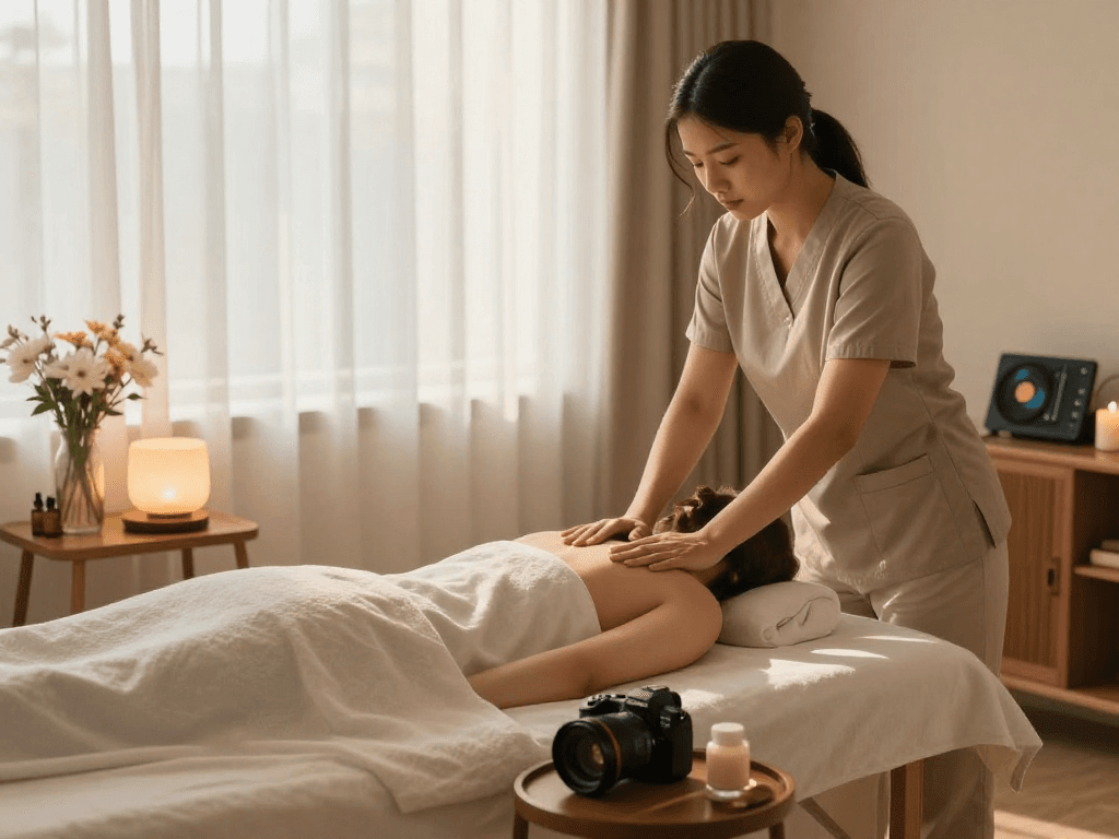 Experience a premium 수원출장마사지 in a relaxing home environment with professional setup and soothing elements.
