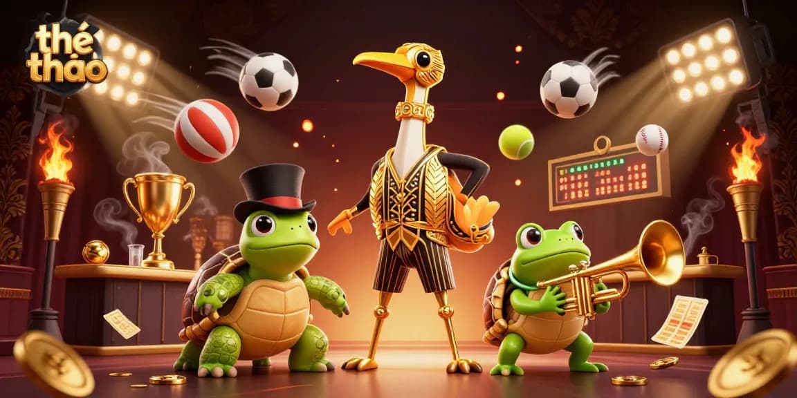 Engage in Thể thao betting with dynamic sports elements and vibrant characters at a lively casino scene.