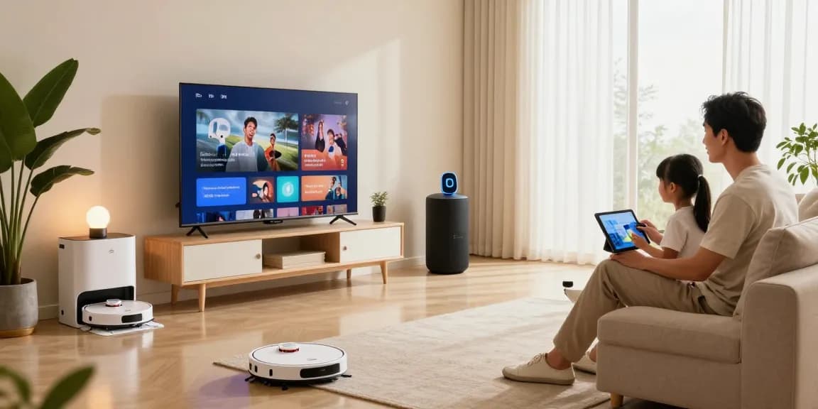 Modern family enjoying home electronics with rokok88 devices in cozy living room.
