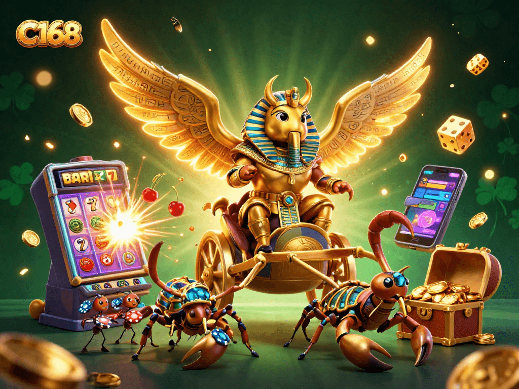 Experience C168's thrilling casino games with a golden beetle, scorpions, and rewarding symbols.