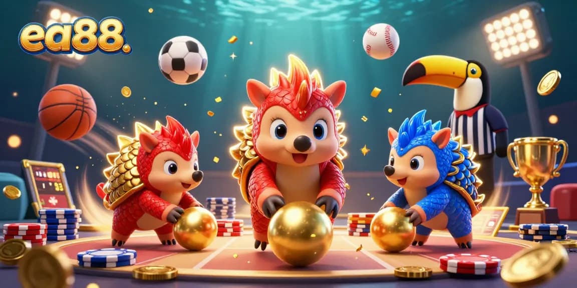 Engaging scene of rival pangolins in ea88, bowling through poker chips in a vibrant casino setting.