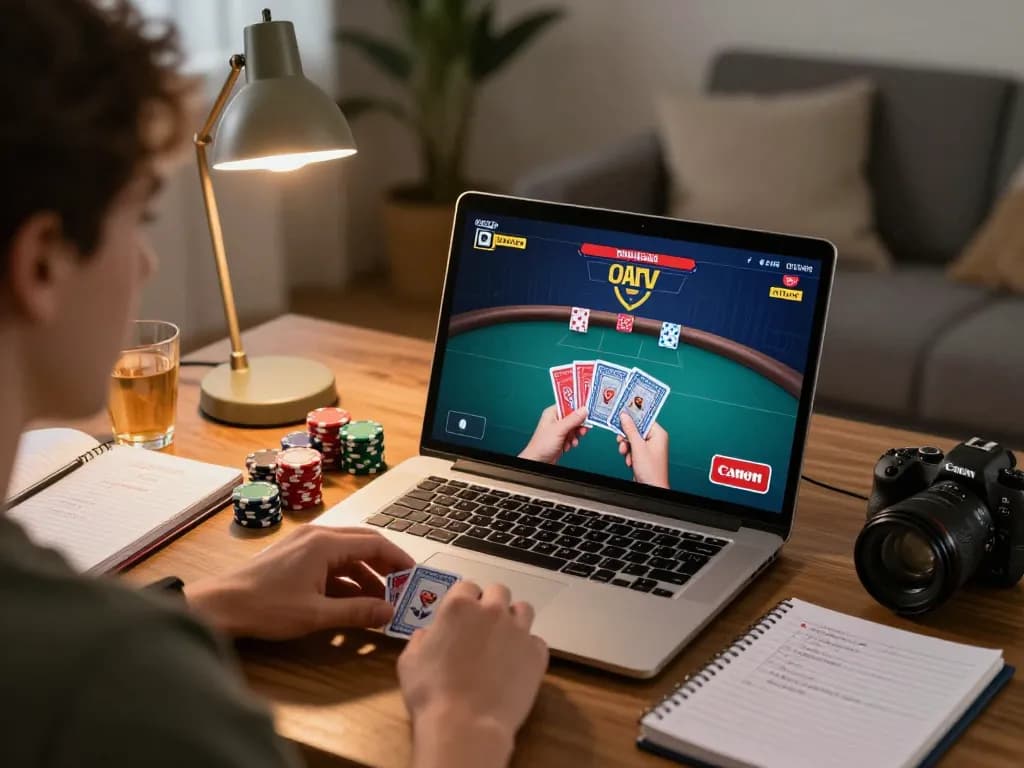 Engaging online poker gameplay showcasing topgamebai strategy at home with cozy atmosphere.