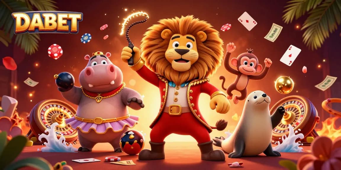DABET offers a thrilling gaming experience with lively 3D casino characters in a colorful scene.