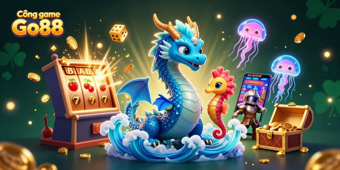 Cổng game Go88 offers a vibrant casino experience with a dragon, seahorse knight, and glowing jellyfish amidst jackpot excitement.