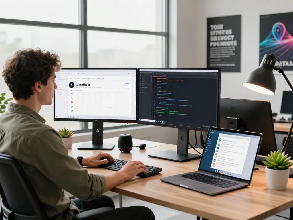 Clawdbot interface displayed on monitor in a modern workspace with tech gadgets, showcasing productivity.
