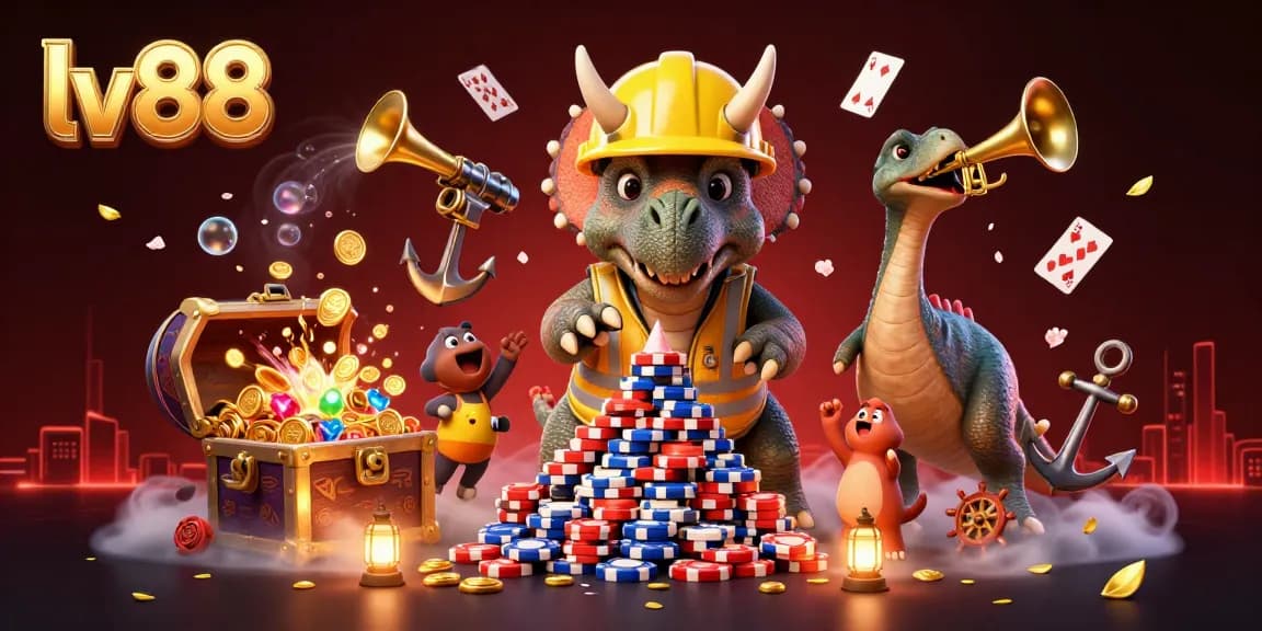 Experience thrill with lv88 as a triceratops builds a poker chip pyramid amidst a lively casino atmosphere.