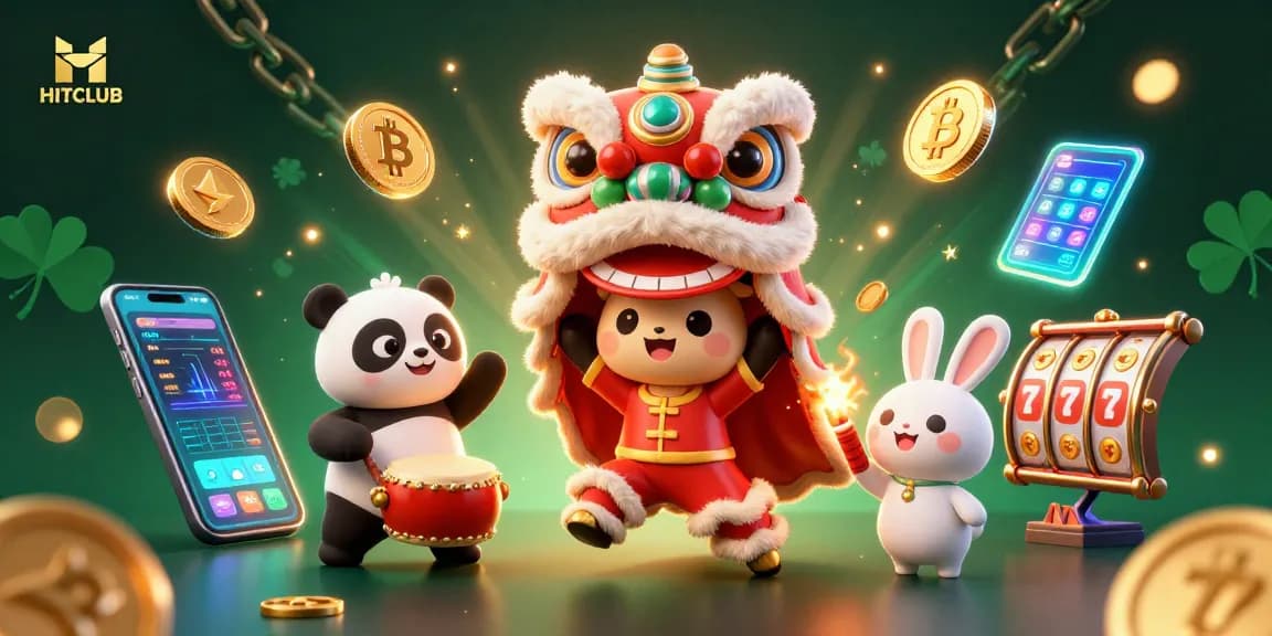 Experience exciting casino action with HITCLUB as you join the lively lion dance, surrounded by crypto-themed elements.