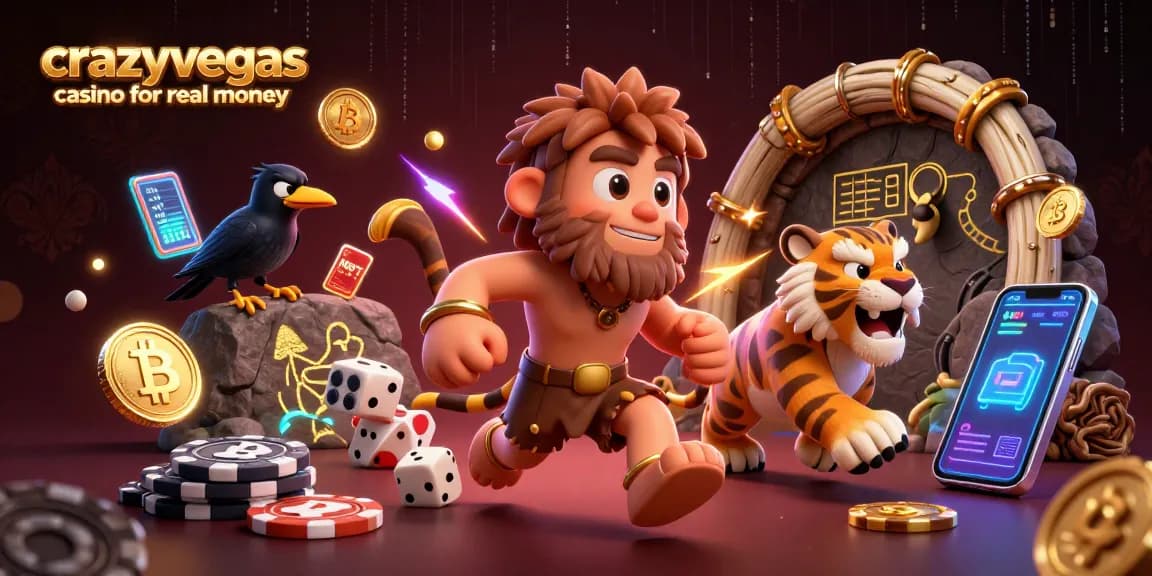 Experience the thrill at crazyvegas casino for real money with caveman and tiger duo in a vibrant casino setting.