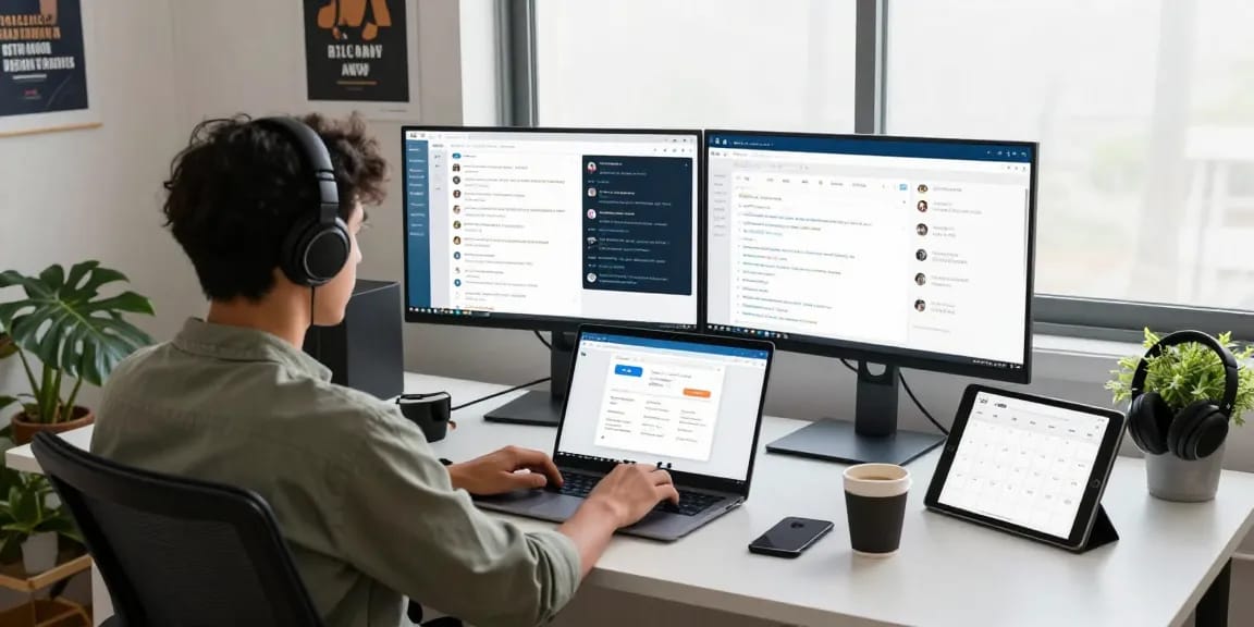 Using the Telegram web version on a sleek laptop in a modern office setup with ambient light.