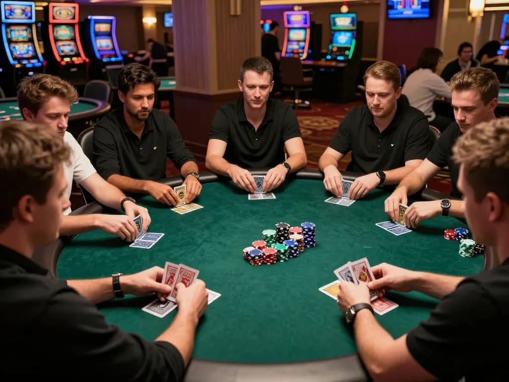 f168 players strategizing in a professional poker game, showcasing intense focus and competitive atmosphere.
