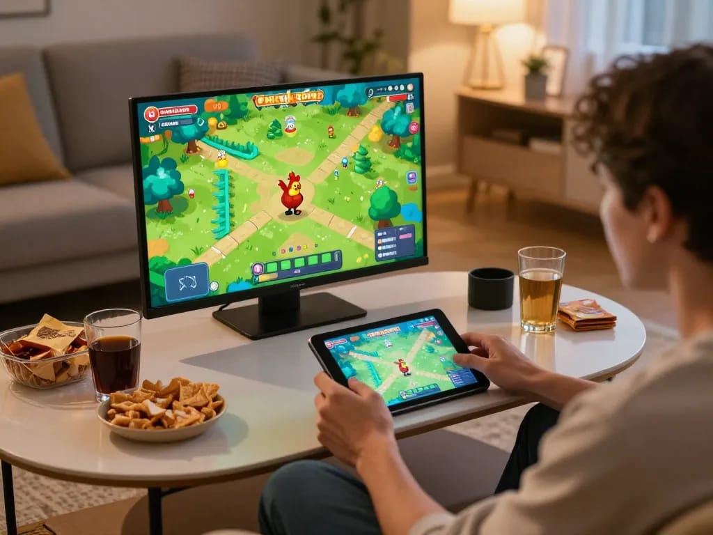 Giocatore che si diverte con il gameplay di Chicken Road a casa, scoprendo le recensioni chicken road attraverso una sessione coinvolgente