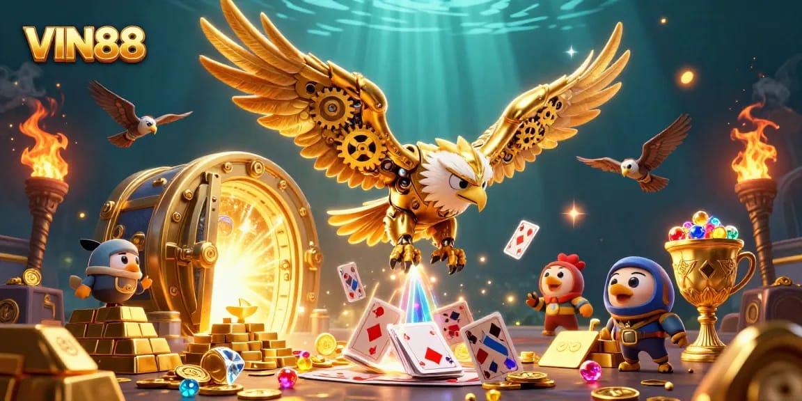 Experience thrilling gameplay at VIN88 with a 3D illustration of an eagle amidst jewels and cards.