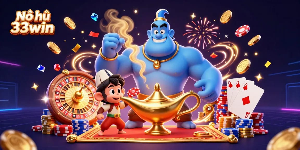Nổ hũ 33win showcases a magical 3D scene with a genie and casino elements, inviting players to win big.