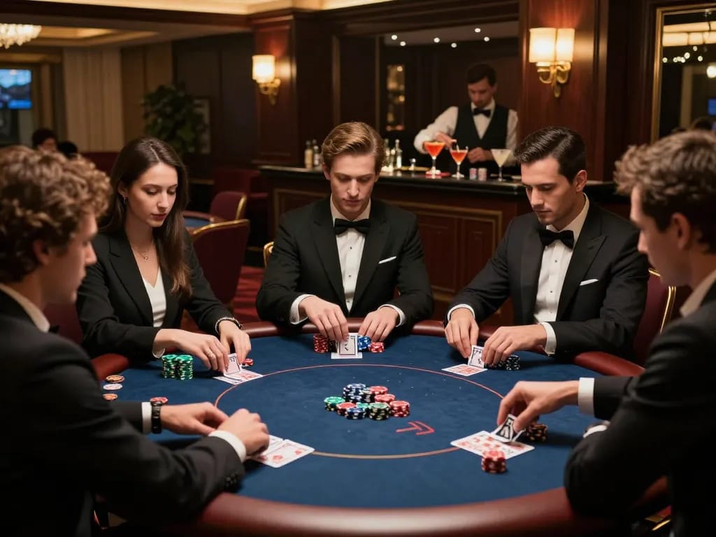 Players in a VIP gaming area at F168 focusing on their poker hands amidst a luxurious setting.