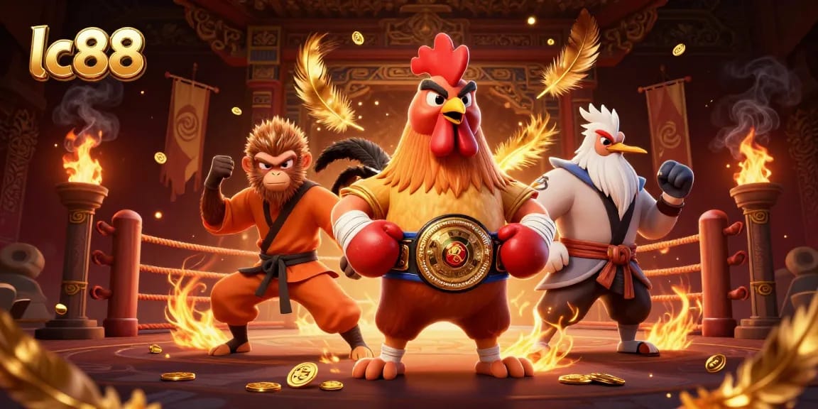 Experience thrilling action with lc88, featuring a Muay Thai rooster and Shaolin monkey in a vibrant casino arena.