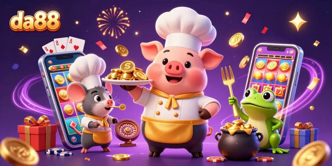 Engage with da88 through a vibrant scene of a chef pig serving gold coins amidst casino excitement.