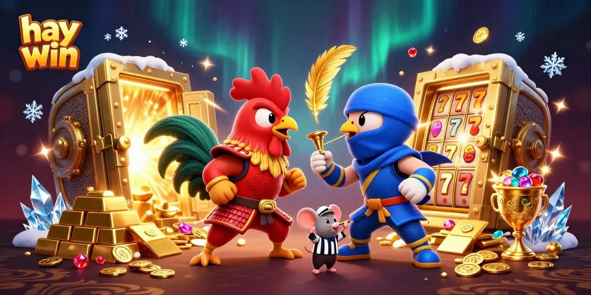 Engage in thrilling gameplay at hay win, with 3D cartoon roosters amid riches and excitement.