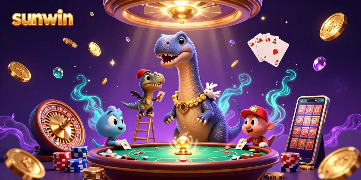 Experience the thrill of sunwin with a majestic brontosaurus in a vibrant casino scene filled with action