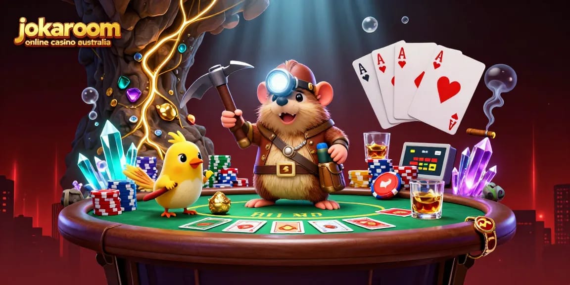 Experience excitement at jokaroom online casino australia with treasure hunter characters among vibrant poker elements.