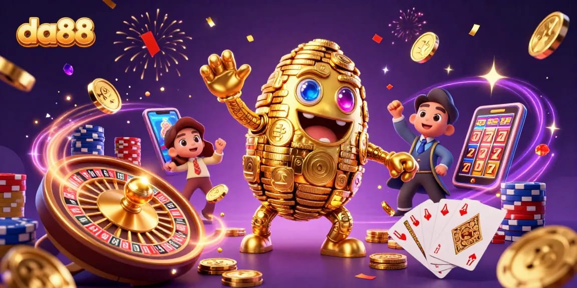 Experience the thrilling action of da88 with a golden golem and glamorous casino elements.