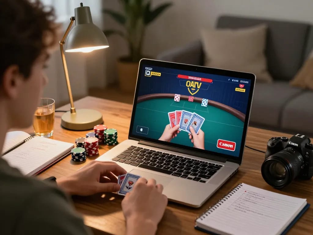 Engaging online poker gameplay showcasing topgamebai strategy at home with cozy atmosphere.