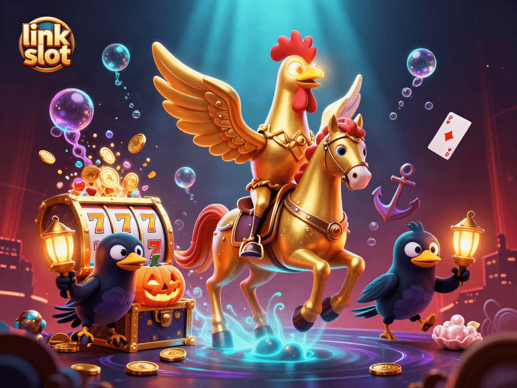 Spin the link slot with a golden rooster and glowing treasures in an exciting casino scene.