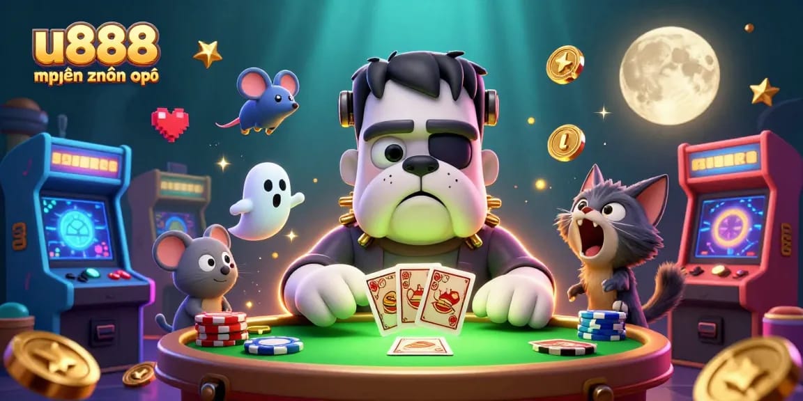 Engage with the lively scene showcasing u888 hiện đang mở with a monster dealer, ghostly mouse, and treasure-filled casino atmosphere.