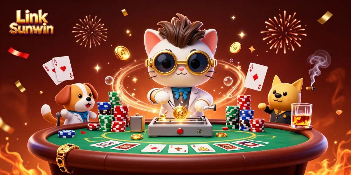 Experience the excitement of Link Sunwin with vibrant casino graphics, gold coins, and a mad scientist cat.