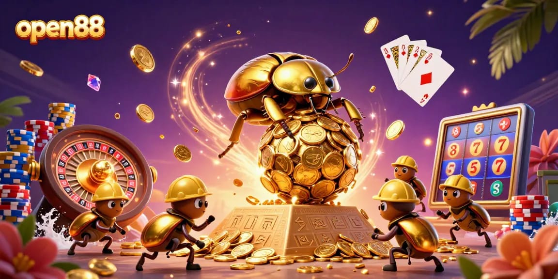 Open88 hosts a vibrant scene with golden dung beetles and casino treasures, showcasing excitement.