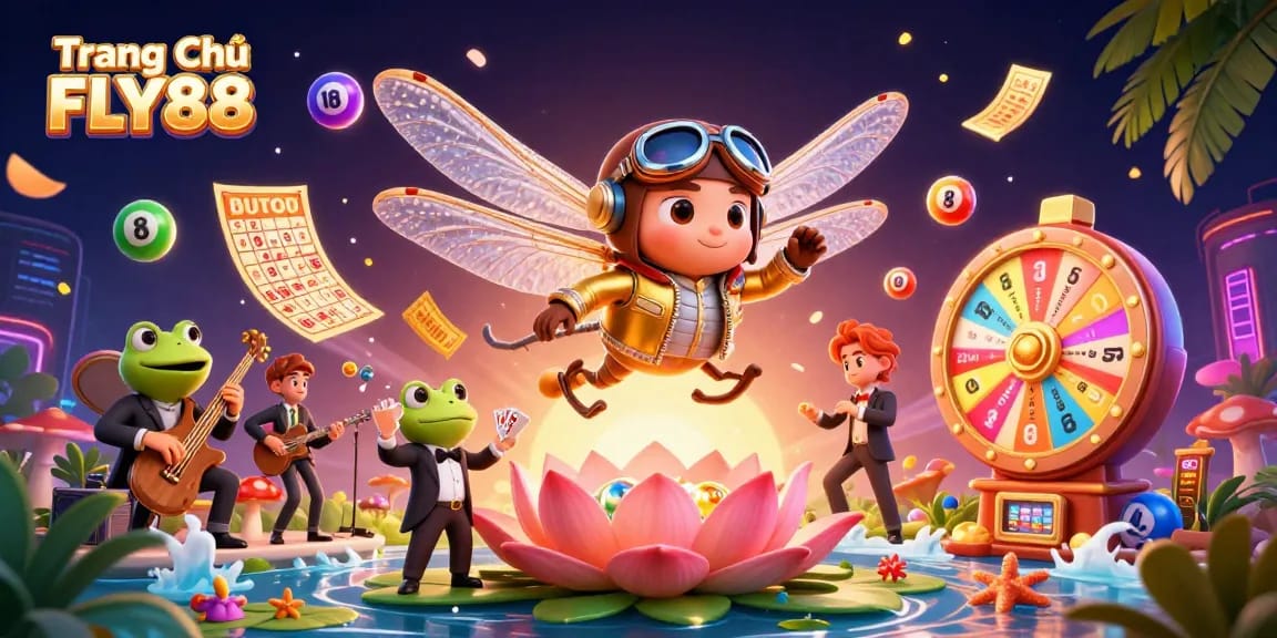 Engage with Trang Chủ FLY88 as a dragonfly pilot navigates a vibrant casino scene filled with lottery excitement.