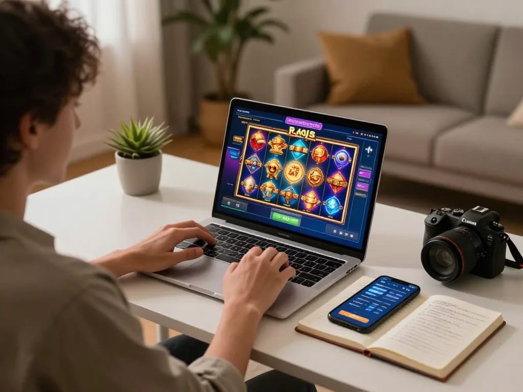 Pemain yang terlibat menikmati permainan raja slot di laptop dalam pengaturan permainan rumah yang nyaman