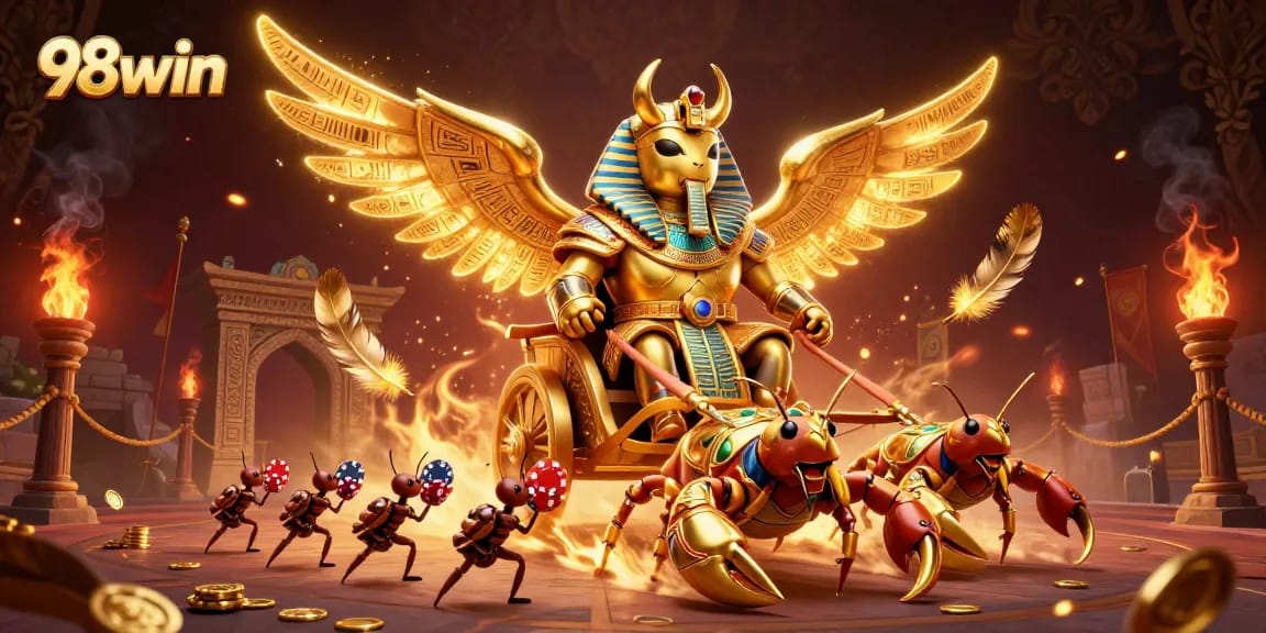 Win big at 98win with a thrilling 3D casino illustration of a golden scarab and gaming elements.