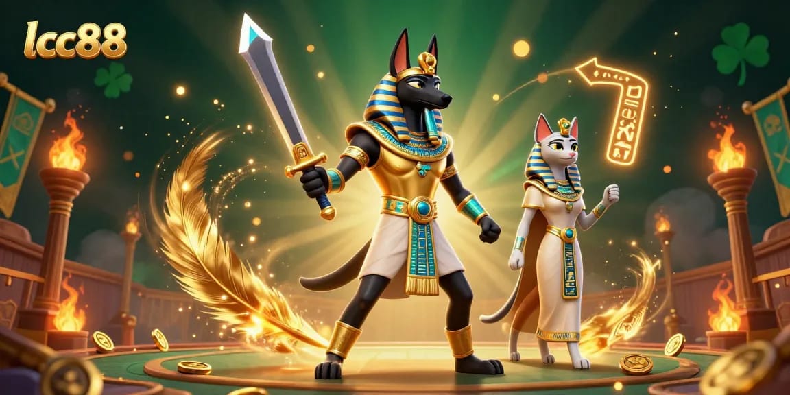 Experience thrilling gameplay with lclc88, featuring Anubis and Bastet amidst vibrant casino elements.
