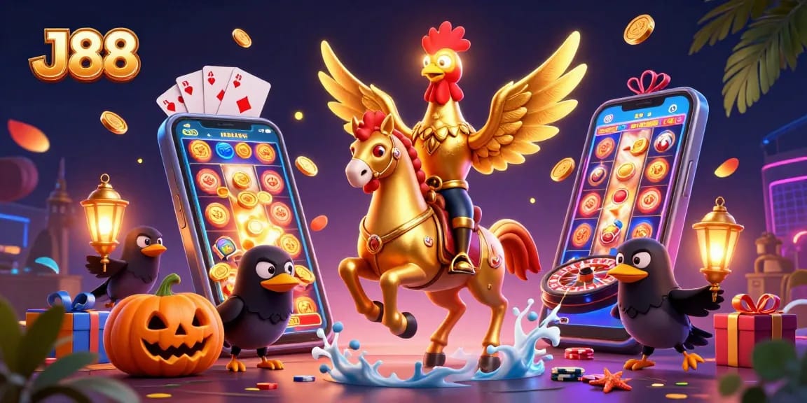 Experience the thrill of J88 with vibrant casino elements in a magical midnight scene.