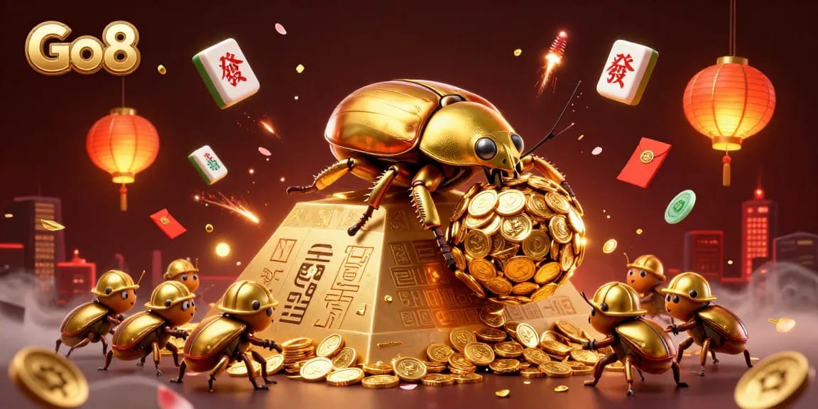 Go8 showcases engaging 3D illustration of a golden dung beetle with casino themes and festive elements.