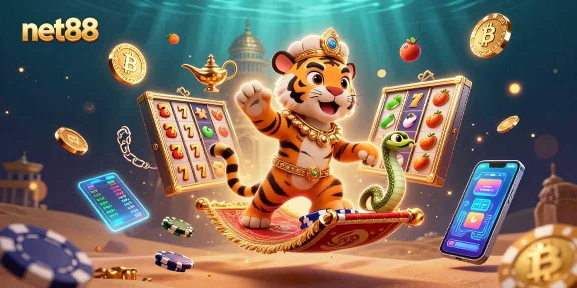 Experience thrilling gaming at net88 with vibrant casino characters and crypto elements.