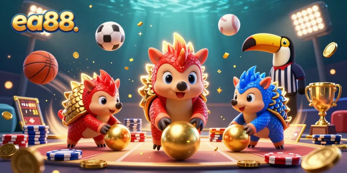 Engaging scene of rival pangolins in ea88, bowling through poker chips in a vibrant casino setting.