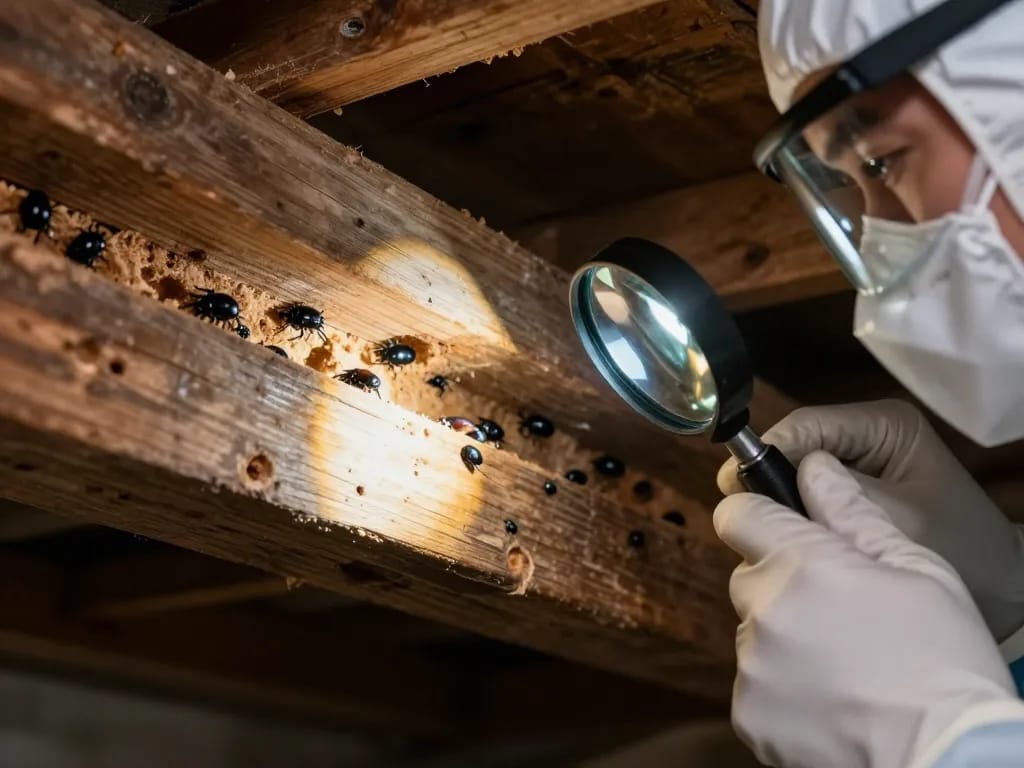 Coleotteri del legno che danneggiano travi in legno, ispezione da parte di un professionista del controllo dei parassiti in equipaggiamento protettivo