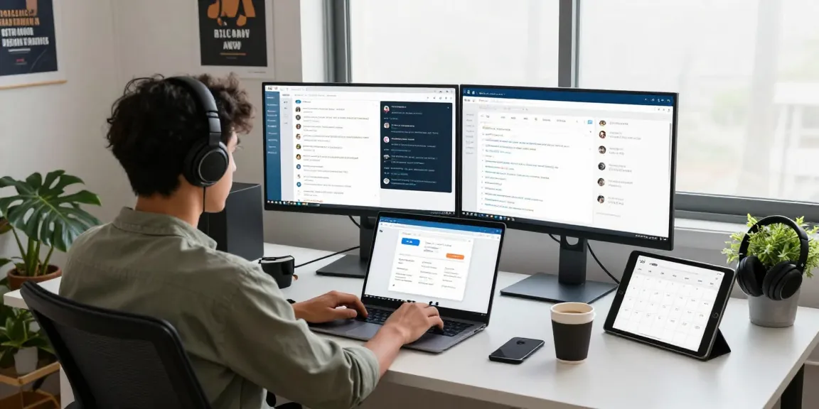 Using the Telegram web version on a sleek laptop in a modern office setup with ambient light.