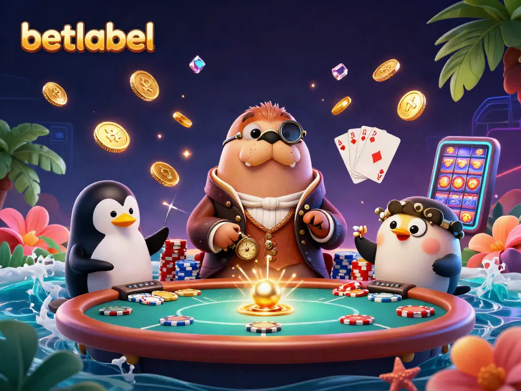 Betlabel presents an underwater poker scene with cartoon characters amidst coins and casino elements.